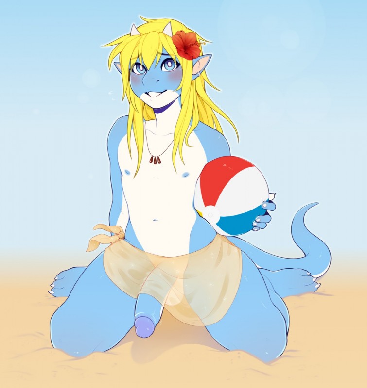 anthro ball balls beach beach_ball biped blonde_hair blush clothed clothing femboy flaccid genitals hair horn humanoid_genitalia humanoid_penis inflatable kneeling looking_at_viewer male navel nipples penis seaside solo tail topless translucent translucent_clothing sillysinz mythology ramzyuu_(ramzyru) dragon mythological_creature mythological_scalie scalie hi_res