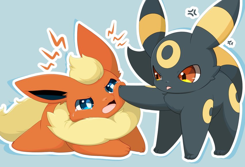 ambiguous_gender blue_eyes bodily_fluids bullying duo emanata feral markings red_eyes tears tongue tongue_out hirochanu nintendo pokemon eeveelution flareon generation_1_pokemon generation_2_pokemon pokemon_(species) umbreon hi_res tagme