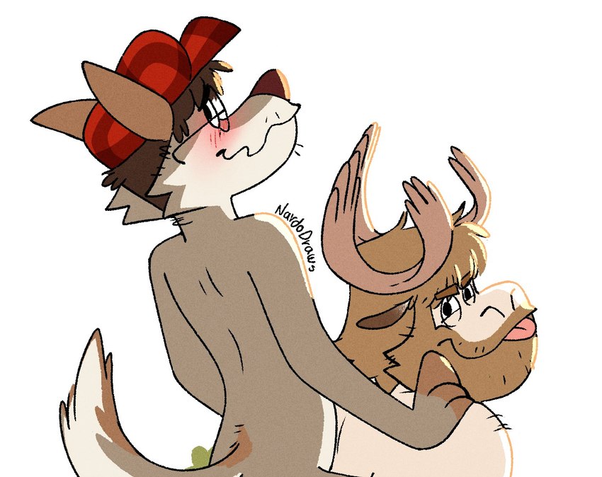 anthro beard blush brown_body brown_fur brown_hair carrying_another carrying_partner clothing duo eyewear facial_hair fur glasses hair half-closed_eyes hat headgear headwear looking_back male male/male narrowed_eyes nervous_smile nude nude_male piggyback simple_background smile tongue tongue_out nardodraws leo_(nardodraws) rodney_(nardodraws) canid canine canis deer mammal moose new_world_deer wolf cropped signature