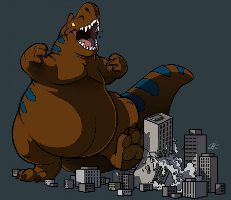 3_toes 4_fingers anthro belly big_belly big_tail blue_body blue_scales blue_stripes brown_body brown_scales brown_tail building city claws destruction featureless_crotch feet fingers grey_background long_tail macro male markings multicolored_body multicolored_scales naturally_censored nude open_mouth overweight overweight_anthro overweight_male pawpads scales sharp_teeth simple_background solo striped_body striped_markings striped_scales striped_tail stripes tail tail_markings teeth thick_tail toe_claws toes two_tone_body two_tone_scales two_tone_tail white_tail yellow_eyes macroceli_(artist) dinosaur prehistoric_species reptile scalie 2016 cel_shading digital_media_(artwork) shaded signature