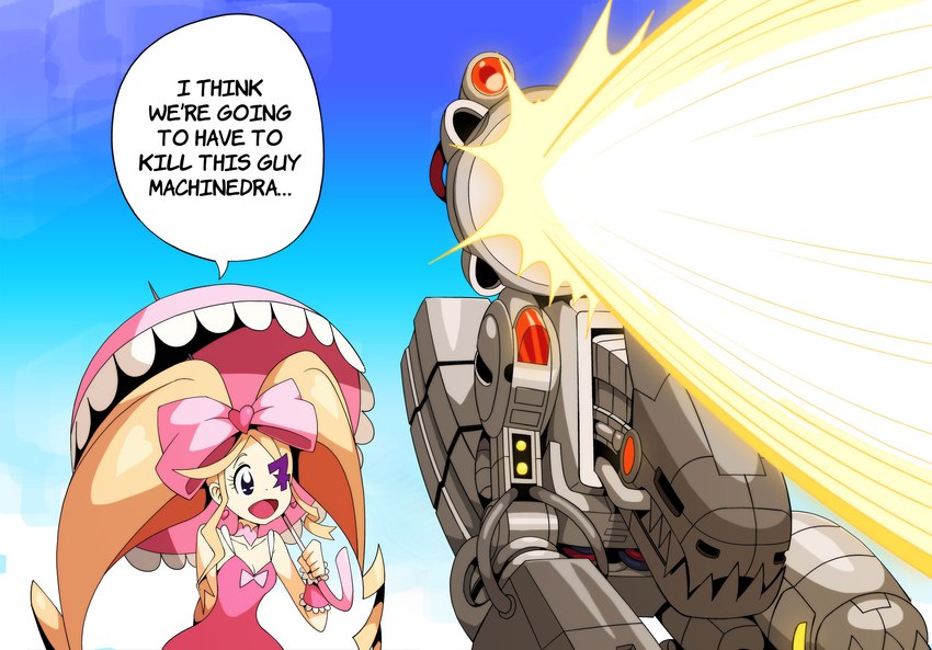 anthro blonde_hair female hair humor laser machine male shooting text umbrella dsandy586 bandai_namco digimon i_think_we're_gonna_have_to_kill_this_guy kill_la_kill studio_trigger nui_harime digimon_(species) human machinedramon mammal english_text hi_res meme reaction_image