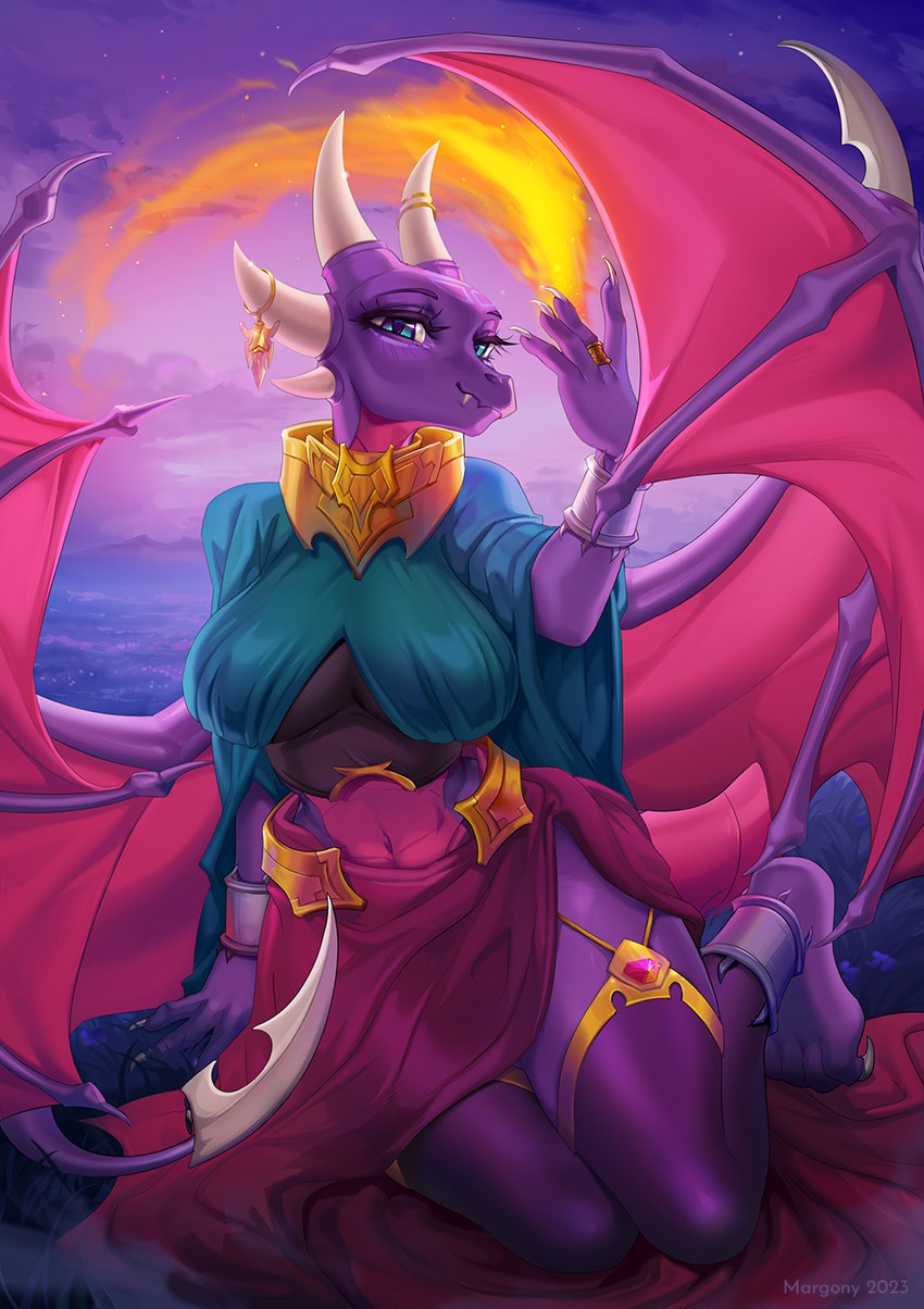 anthro blue_eyes clothed clothing eyebrows eyelashes female fingers fire grass membrane_(anatomy) membranous_wings navel outside plant solo tail wings margony activision mythology spyro_the_dragon cynder dragon mythological_creature mythological_scalie scalie 2023 artist_name digital_media_(artwork) hi_res