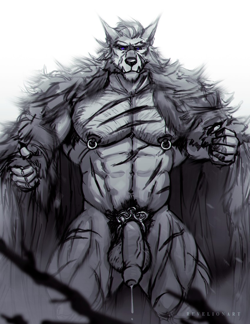 5_fingers abdominal_scar abs accessory anthro armpit_hair balls biceps big_muscles big_pecs biped black_armpit_hair black_body_hair black_chest_hair black_claws black_nose black_pubes bodily_fluids body_hair cheek_tuft chest_hair chest_scar chin_tuft chromatic_aberration claws cloak cloak_only clothed clothed_anthro clothed_male clothing cock_ring dark_armpit_hair dark_nipples dark_pubes dripping eyebrows facial_scar facial_tuft fangs finger_claws fingers flaccid foreground_silhouette foreskin front_view fur fur_tuft genital_fluids genitals glans grey_body grey_fur grey_sclera hair hairy_balls humanoid_genitalia humanoid_hands humanoid_penis inviting jewelry leaking_precum leg_scar long_penis looking_at_viewer male male_anthro manly mature_anthro mature_male monotone_body monotone_fur mostly_nude mostly_nude_anthro mostly_nude_male muscular muscular_anthro muscular_male muscular_thighs navel nipple_piercing nipple_ring nipples obliques partially_clothed partially_clothed_anthro partially_clothed_male partially_retracted_foreskin pecs penis penis_accessory penis_jewelry piercing pointy_ears precum precum_drip presenting presenting_penis prick_ears pubes purple_eyes quads repoussoir ring_piercing scar scars_all_over simple_background snout snout_scar solo standing teeth tuft underbite white_background revelion elden_ring fromsoftware blaidd_(elden_ring) canid canine canis mammal wolf 2022 absurd_res artist_name digital_media_(artwork) greyscale hi_res monochrome portrait shaded sketch three-quarter_portrait watermark