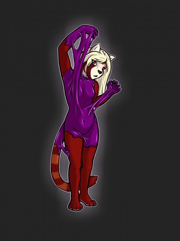 anthro biped female goo_transformation latex nude purple_goo solo standing transformation ivory-raven shea ailurid mammal red_panda absurd_res hi_res