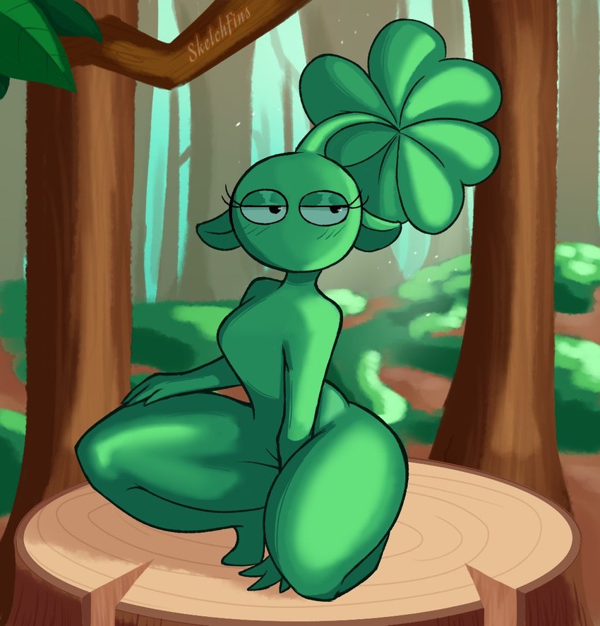 blush blush_lines breasts crouching day eyelashes featureless_breasts featureless_feet feet female fingers forest green_body hand_on_leg hand_on_thigh huge_thighs humanoid_pointy_ears lidded_eyes medium_breasts micro mouthless not_furry nude outside plant pointy_ears sitting_on_stump solo thick_thighs three-quarter_view tree wide_hips sketchfins nintendo pikmin cunty_clover_pikmin elemental_creature flora_fauna humanoid pikmin_(species) 2023 artist_name digital_media_(artwork) full-length_portrait portrait shaded soft_shading