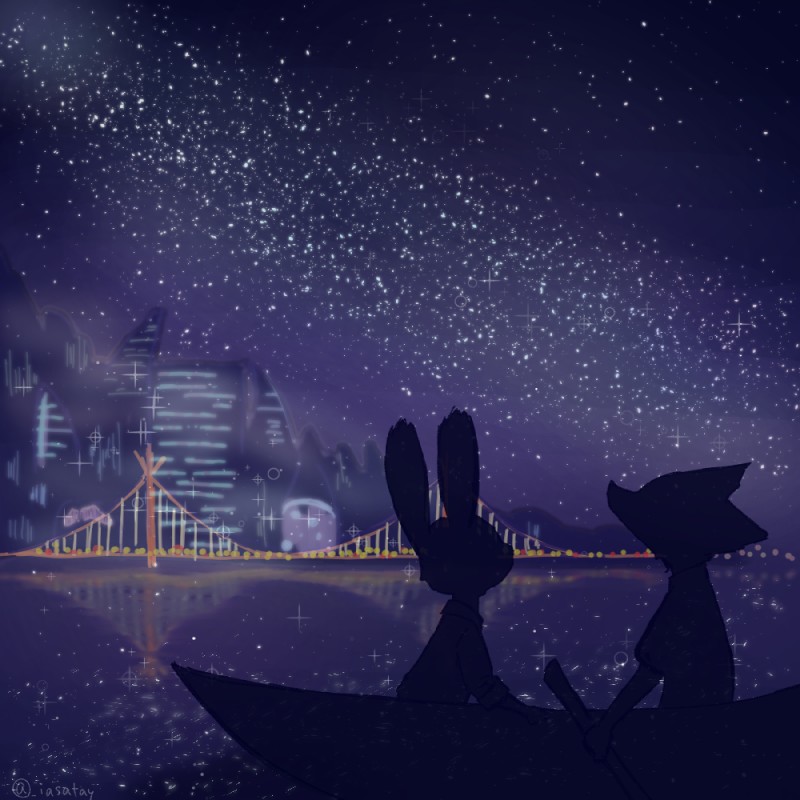 anthro biped bridge building city detailed_background duo sky star starry_sky water aomaroo disney zootopia judy_hopps nick_wilde canid canine fox lagomorph leporid mammal rabbit red_fox true_fox 1:1