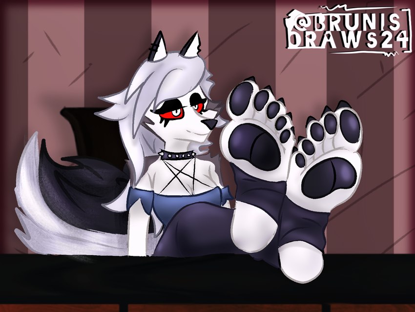 5_toes anthro black_pawpads black_stirrup_socks blue_clothing blue_shirt blue_topwear chair cheek_tuft claws clothed clothing collar crossed_feet crossed_legs ear_piercing ears_up facial_tuft feet female fluffy fluffy_tail foot_fetish foot_focus foot_on_table footwear furniture glistening glistening_pawpads hair happy humanoid_feet legwear lights pawpads paws piercing plantigrade red_eyes shadow shirt socks soles solo stirrup_footwear stirrup_legwear stirrup_socks stirrup_stockings stirrups stockings table tail toe_claws toes topwear tuft white_body white_eyes white_hair brunisdraws helluva_boss mythology loona_(helluva_boss) canid canid_demon canine demon hellhound mammal mythological_canine mythological_creature absurd_res hi_res shaded signature