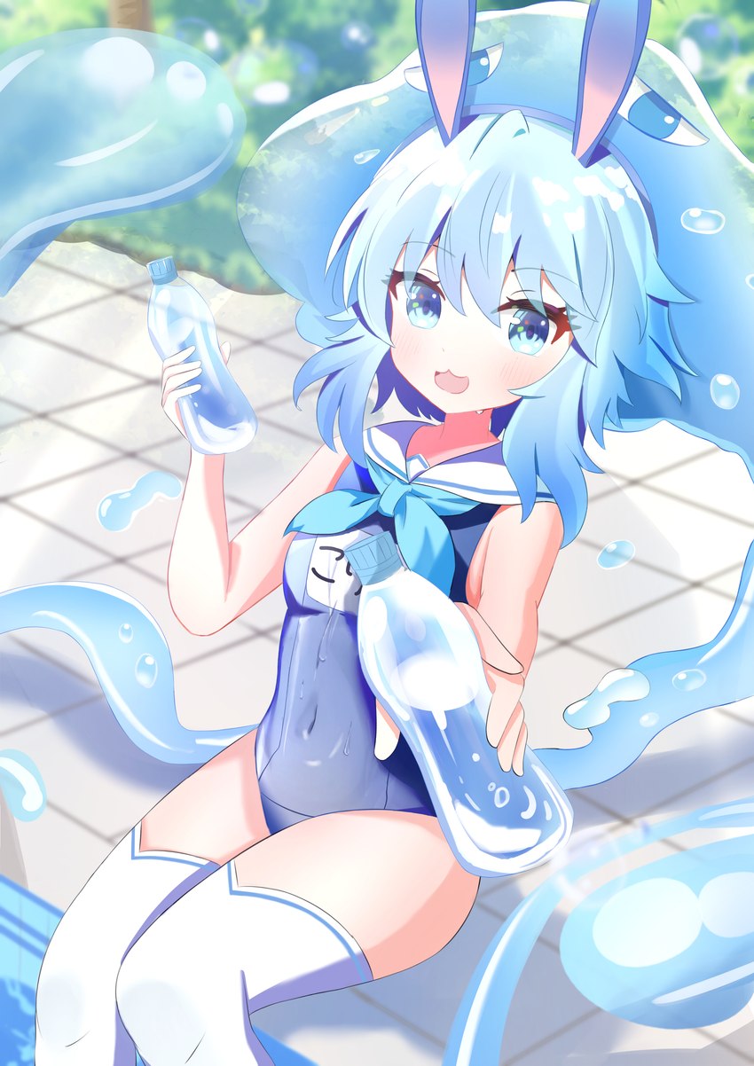 blue_eyes blue_hair bottled_water clothing female hair legwear looking_at_viewer offering_beverage open_mouth school_swimsuit solo stockings swimwear thigh_highs water ceta_(artist) sanrio show_by_rock!! corriente_(show_by_rock!!) animal_humanoid cnidarian humanoid jellyfish lagomorph lagomorph_humanoid leporid_humanoid mammal mammal_humanoid marine medusozoan rabbit_humanoid absurd_res hi_res