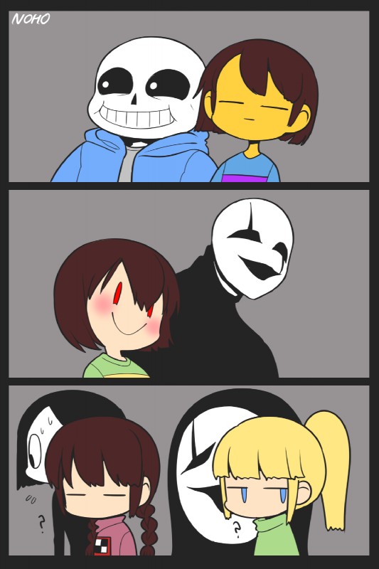 blue_eyes blush bodily_fluids bone brown_hair clothing eyes_closed female group hair hoodie male not_furry question_mark red_eyes skeleton smile sweat sweatdrop topwear vertical_bar_eyes yellow_body yellow_skin oh-onii undertale undertale_(series) yume_nikki chara_(undertale) frisk_(undertale) gaster madotsuki poniko sans_(undertale) seccom_masada uboa animated_skeleton human mammal undead 2:3 crossover hi_res