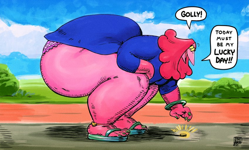 anthro bent_over big_butt big_legs bracelet butt clothing coin comic_panel curvy_figure dress feet female footwear hair jewelry nails obese obese_female overweight overweight_female panties pink_body pink_hair sandals shoes side_view solo speech_bubble text thick_calves thick_thighs toony underwear dyna_soar petunia_(dyna_soar) animal_humanoid avian avian_humanoid bird bird_humanoid humanoid digital_media_(artwork) english_text hi_res