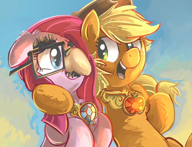 blonde_hair blue_eyes clothing cowboy_hat duo eyewear female feral freckles gem glasses green_eyes hair hat headgear headwear jewelry necklace outside pink_hair ponytail side_hug straight_hair blitzpony friendship_is_magic hasbro my_little_pony applejack_(mlp) pinkamena_(mlp) pinkie_pie_(mlp) earth_pony equid equine horse mammal pony