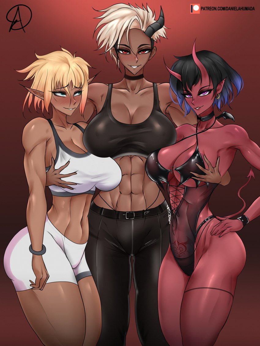 abs big_breasts breast_grab breasts choker cleavage clothed clothing ear_piercing ear_ring female group hand_on_breast hand_on_hip hand_on_own_hip horn huge_breasts jewelry larger_female muscular muscular_female muscular_humanoid necklace not_furry piercing red_body ring_piercing size_difference smaller_female spade_tail tail trio womb_tattoo almualim demon demon_humanoid elf humanoid 3:4 absurd_res hi_res