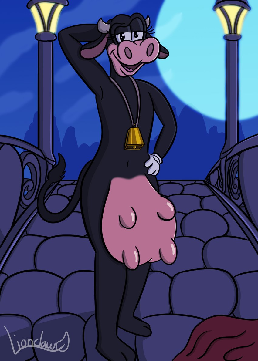 anthro black_body bridge cowbell female hand_behind_head hand_on_hip looking_at_viewer moon night solo street_lamp teats udders lionclaw disney clarabelle_cow bovid bovine cattle mammal hi_res