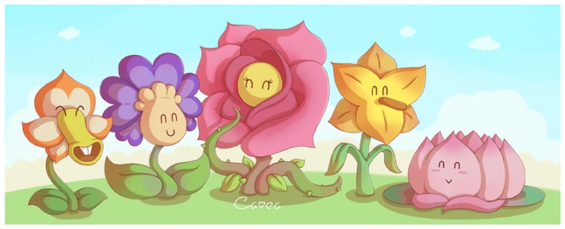 blush border eyes_closed female group male not_furry plant smile white_border cavea mario_bros nintendo paper_mario lily_(mario) petunia_(mario) posie_(mario) rosie_(mario) tolielip_(mario) elemental_creature flora_fauna