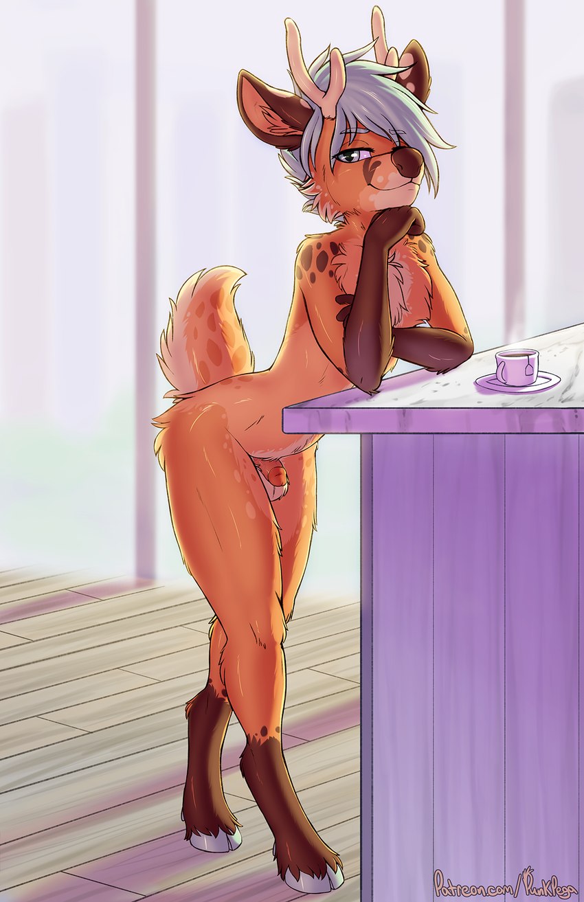 anthro balls bedroom_eyes beverage chest_tuft circumcised container cup femboy flaccid fur genitals green_hair hair hooves horn humanoid_genitalia humanoid_penis looking_at_viewer male narrowed_eyes orange_body orange_fur penis raised_tail seductive slim smile solo spots tail tea tea_bag tea_cup tuft punkpega stephen_wintre deer mammal 2024 digital_media_(artwork) hi_res