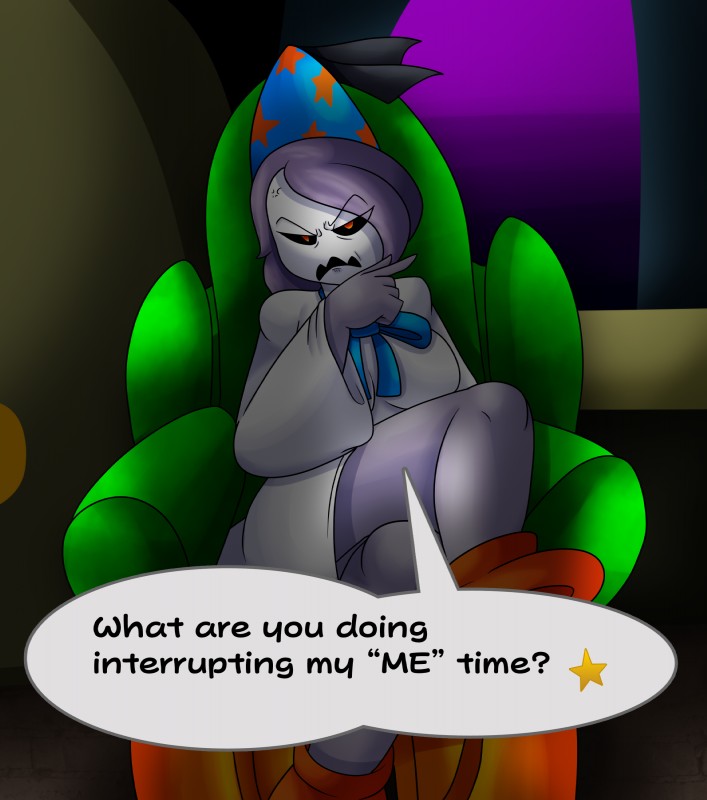 annoyed clothed clothing crossgender female hair looking_at_viewer mtf_crossgender not_furry sitting solo text white_body yoshimister mario_bros nintendo paper_mario doopliss duplighost ghost humanoid spirit absurd_res english_text hi_res