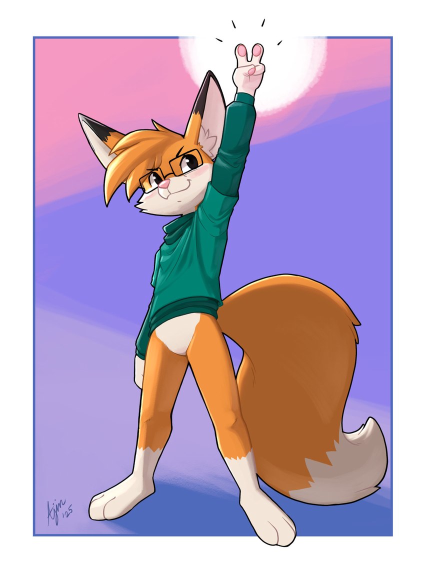 anthro big_tail biped black_markings bottomless bottomless_male cheek_tuft clothed clothing countershade_face countershade_torso countershading dipstick_ears dipstick_tail ear_markings eyebrows eyewear facial_tuft featureless_crotch fluffy fluffy_tail front_view gesture glasses gloves_(marking) hand_gesture head_tuft hoodie inner_ear_fluff leg_markings male markings multicolored_body multicolored_ears pink_nose plantigrade simple_background socks_(marking) solo standing tail tail_markings topwear tuft two_tone_body v_sign wearing_glasses white_body white_countershading white_markings yellow_body ajin zilch_(zilchfox) canid canine fox mammal 2025 hi_res