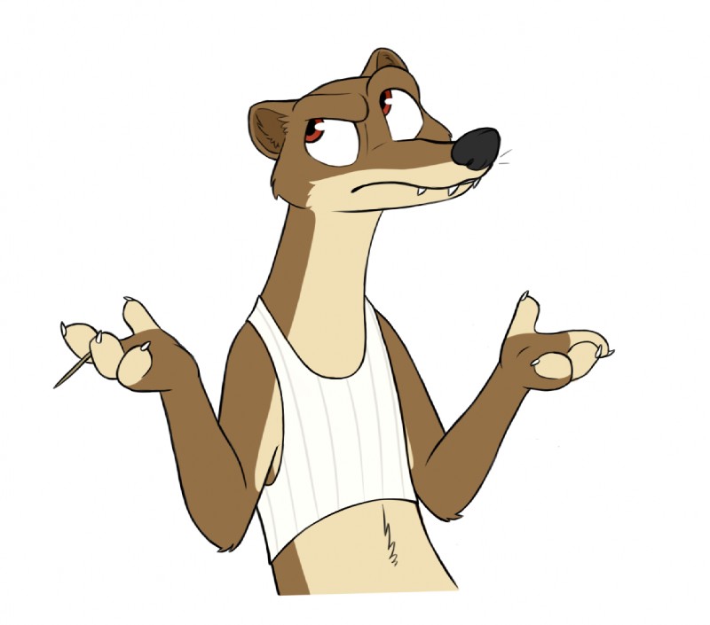 anthro black_nose brown_body brown_fur claws clothed clothing fangs fur male red_eyes shirt simple_background solo tank_top teeth toothpick topwear white_background skunkbutt_(artist) disney zootopia duke_weaselton mammal mustelid musteline true_musteline weasel 2019