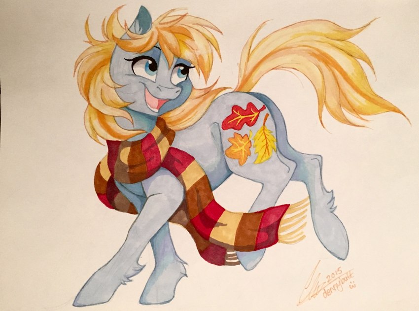 blonde_hair female feral grey_body hair looking_aside pre-g4 scarf simple_background smile solo white_background dvixie hasbro mlp_g3 my_little_pony my_little_pony_(2003) autumn_skye_(mlp) earth_pony equid equine horse mammal pony 2015