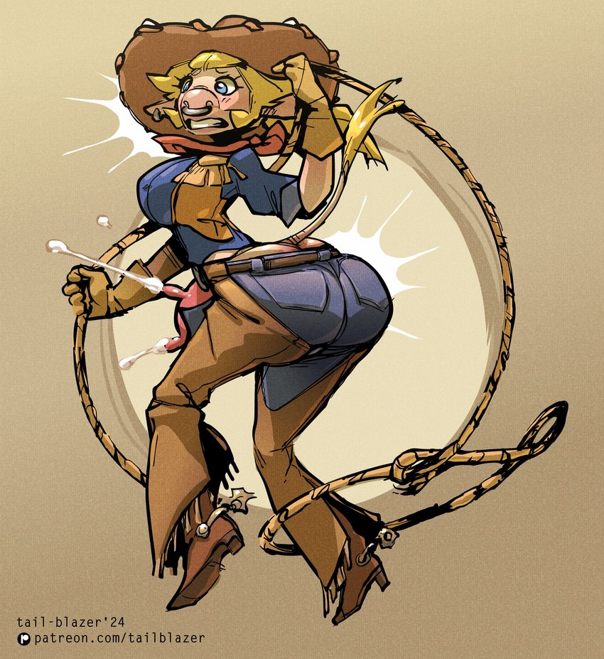 anthro big_butt blonde_hair blue_eyes bodily_fluids breasts butt clothing cowbell cowboy_hat cowgirl_outfit facial_piercing female hair hat headgear headwear huge_butt lactating lasso milk nose_piercing nose_ring piercing ring_piercing rope solo surprsied teats text udders tail-blazer bovid bovine cattle mammal 2024 absurd_res hi_res url