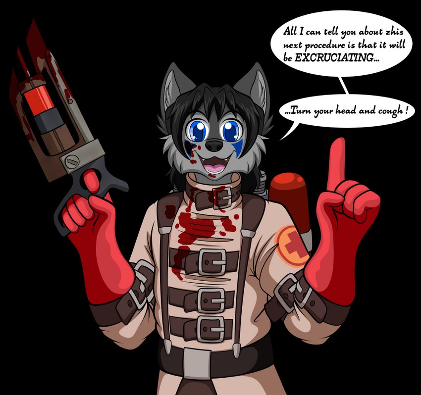 anthro blood bodily_fluids clothing dialogue gloves grey_body handwear linked_speech_bubble looking_at_viewer male medical_instrument restraints scientific_instrument solo speech_bubble straitjacket text ubersaw otakuwolf team_fortress_2 valve medic_(team_fortress_2) ota_kuwolf canid canine canis mammal wolf alpha_channel english_text