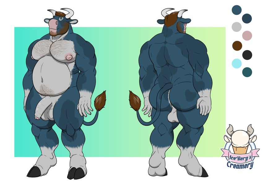 anthro balls belly big_pecs blue_body body_hair erection genitals male mottled musclegut muscular muscular_male nipples nude overweight overweight_male pecs slightly_chubby solo standing stubble 1ceberg bovid bovine cattle mammal absurd_res hi_res