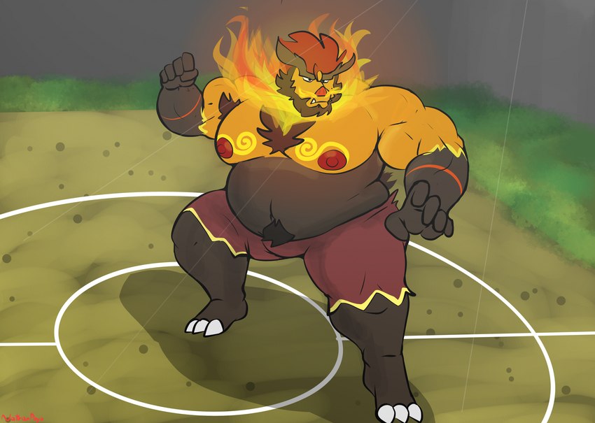 anthro beard belly big_belly body_hair bottomwear clothing facial_hair fighting_pose fire male musclegut muscular nipples pose pubes shorts solo nathanlepoyo nintendo pokemon bowser_gustav fan_character emboar generation_5_pokemon pokemon_(species) hi_res