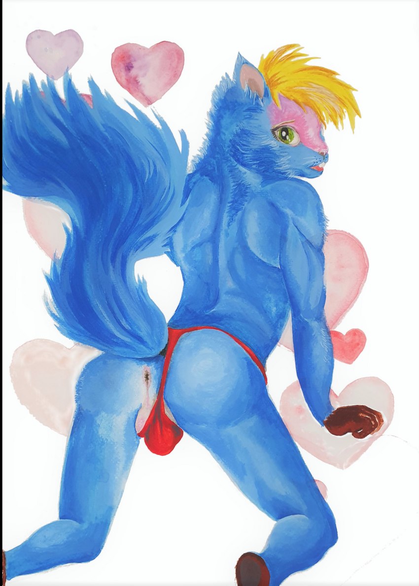 all_fours anthro anus blonde_hair blue_body blue_fur brown_body brown_fur buckteeth butt clothing fluffy fluffy_tail fur genitals green_eyes hair hearts_around_body male pink_heart red_clothing red_thong red_undergarments red_underwear solo tail teeth thong underwear whiskers rembrandt_van_squid trevorbluesquirrel mammal rodent sciurid tree_squirrel hi_res