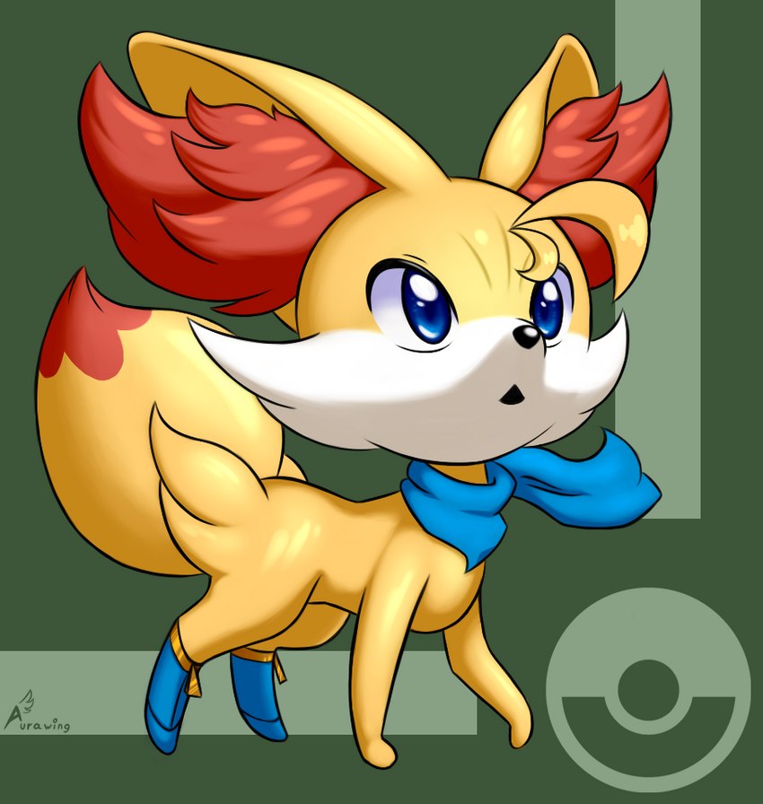 ambiguous_gender blue_eyes blue_scarf boots clothing dipstick_tail feral footwear fur green_background inner_ear_fluff looking_up markings scarf shoes simple_background solo tail tail_markings tuft yellow_body yellow_fur aurawing nintendo pokemon red_(aurawing) canid canine fennekin generation_6_pokemon mammal pokemon_(species) signature