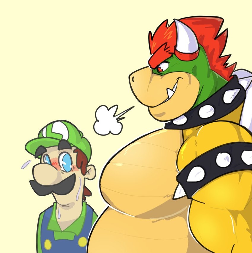 anthro armband belly blush clothing collar duo eyebrows facial_hair green_clothing hair horn male muscular muscular_anthro muscular_male mustache pecs red_eyes red_hair simple_background spiked_armband spiked_collar spikes dama624 girl_staring_at_man's_chest mario_bros nintendo bowser luigi human koopa mammal reptile scalie meme