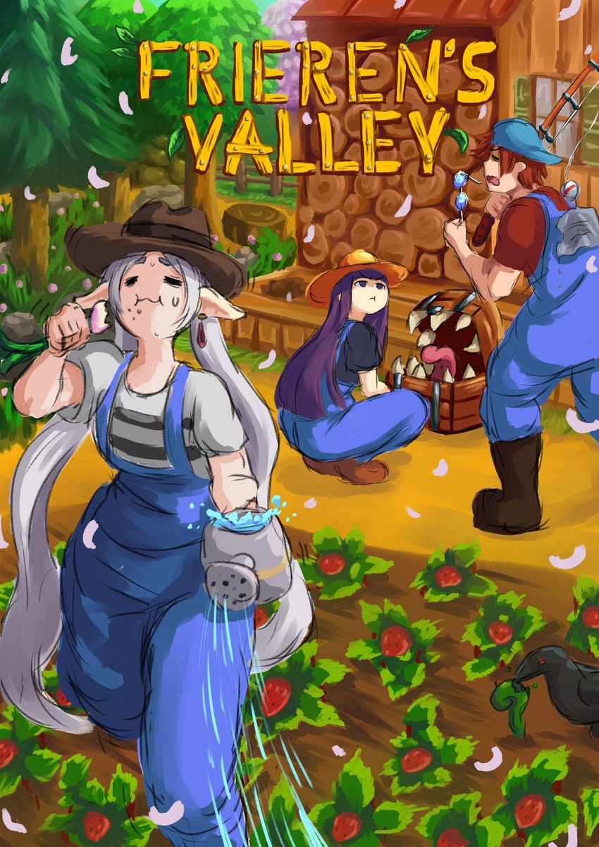 bared_teeth blue_clothing blue_overalls boots building cherry_blossom clothed clothing detailed_background ear_piercing ear_ring eating eyes_closed farm farmer female feral fishing_rod flower food footwear fruit fully_clothed grass hair hat headgear headwear house humanoid_pointy_ears long_hair not_furry overalls piercing plant pointy_ears prunus_(flower) purple_hair red_hair ring_piercing shirt shoes straw_hat strawberry title tongue tongue_out topwear tree watering watering_can white_hair vlizz frieren_beyond_journey's_end stardew_valley fern_(frieren) frieren stark_(frieren) avian bird corvid corvus_(genus) crow elf human humanoid mammal mimic mimic_chest oscine passerine 2024 absurd_res crossover hi_res spanish_description translated_description