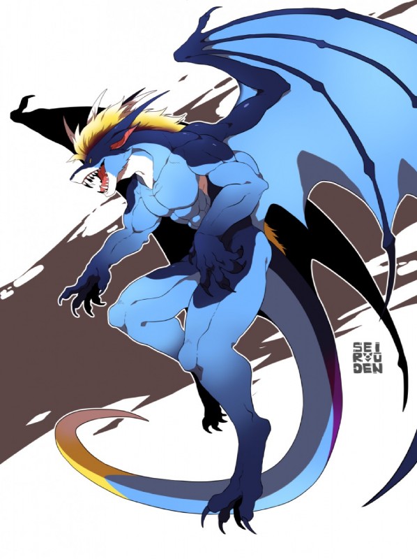 abs anthro biceps blue_body blue_scales blue_wings claws hair male membrane_(anatomy) membranous_wings midair muscular muscular_anthro muscular_male nude open_mouth pecs quads scales sharp_teeth solo spread_wings tail teeth tongue triceps white_body white_scales wings yellow_eyes seiryuuden mythology teryx_commodore dragon mythological_creature mythological_scalie reptile scalie 2017 hi_res