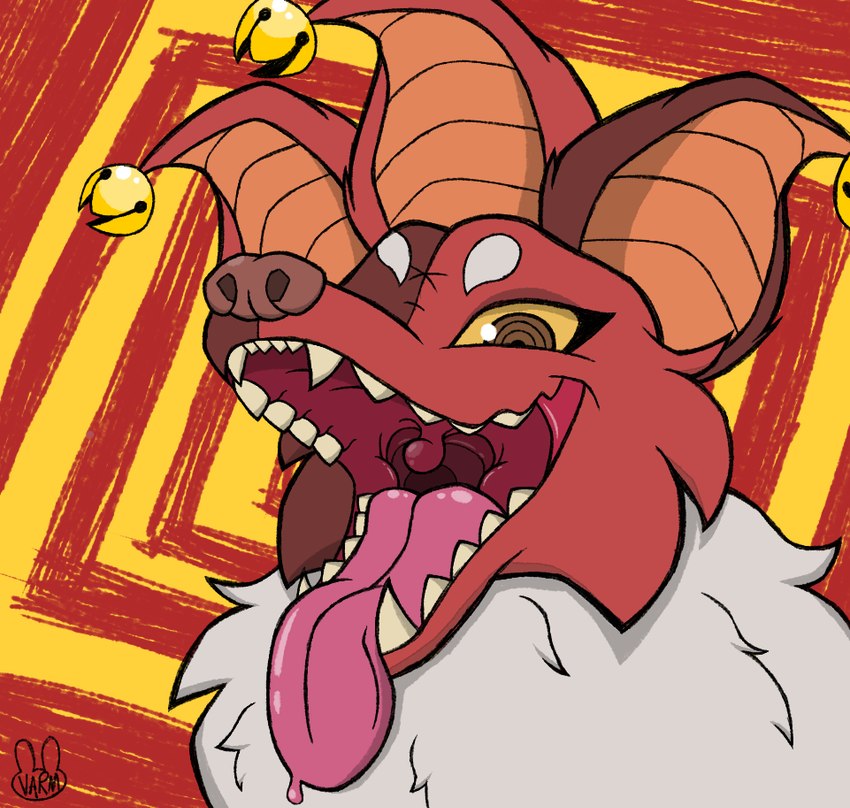 ambiguous_gender anthro cheek_tuft chest_tuft facial_tuft jester looking_at_viewer mouth_shot open_mouth smile solo teeth tongue tongue_out tuft uvula varmbnuuy big_blue_bubble my_singing_monsters hyehehe hyena mammal monster 2024 signature