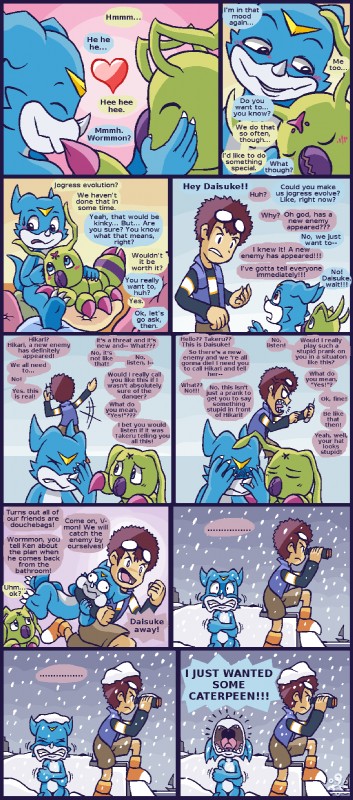 anthro blush cockblock cold cuddling dialogue duo embarrassed greeting group heart_symbol humor male male/male on_lap open_mouth screaming shaking shivering suggestive text conditional_dnp grumpyvulpix bandai_namco digimon davis_motomiya digimon_(species) human mammal veemon wormmon comic digital_media_(artwork) english_text hi_res signature