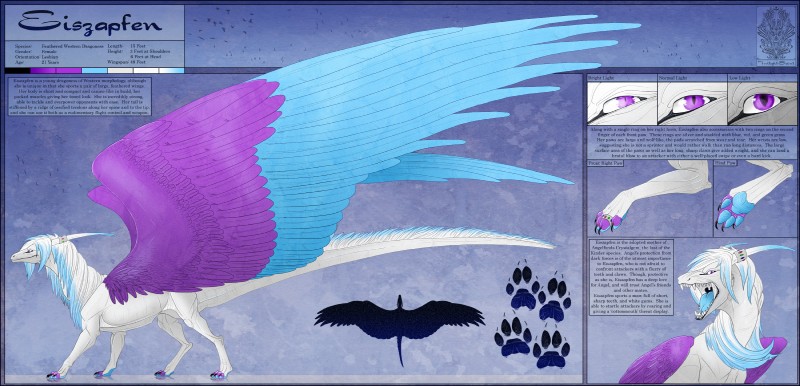 black_border blue_body blue_feathers blue_pawpads blue_tongue border feathered_wings feathers female feral footprint hair horn keel_(anatomy) mane pawpads pawprint pupil_dilation pupils purple_body purple_eyes purple_feathers quadruped ring roaring solo tail text tongue uvula white_body wings worn_pawpads twilightsaint mythology eiszapfen dragon feathered_dragon feathered_scalie mythological_creature mythological_scalie scalie english_text hi_res model_sheet