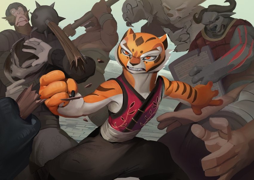 anthro bottomwear clothed clothing countershading female fight fighting_pose fingers fur group holding_object holding_weapon male muscular pants pose shirt standing stripes teeth topwear weapon matchattea dreamworks kung_fu_panda master_tigress bison bovid bovine canid canine canis felid mammal pantherine tiger wolf 2022 digital_media_(artwork)