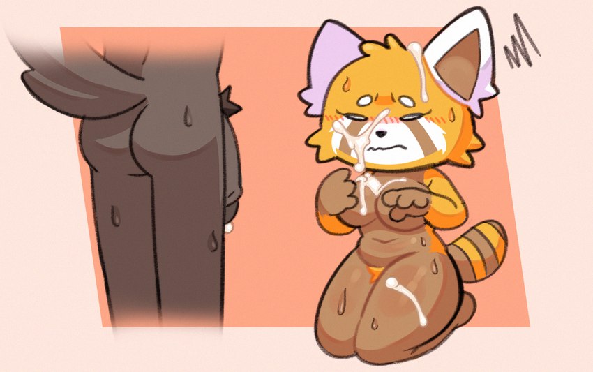 anthro bodily_fluids cum cum_drip cum_on_face cumshot dripping duo ejaculation embarrassed female genital_fluids implied_oral male male/female takyuhart aggretsuko sanrio haida_(aggretsuko) retsuko ailurid hyena mammal red_panda