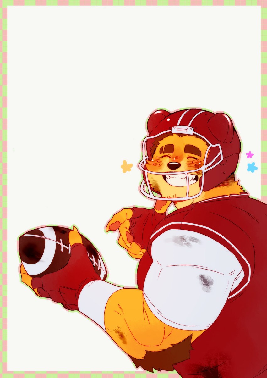 arm_tuft ball biceps blush border brown_hair checkered_border claws clothing elbow_tuft eyes_closed finger_claws football_helmet football_jersey football_uniform forearm_muscles fur furgonomic_helmet gloves gridiron_ball hair handwear holding_ball holding_object looking_at_viewer looking_back looking_back_at_viewer male orange_body orange_fur pawpads red_clothing red_gloves red_handwear red_helmet red_jersey red_topwear smile solo topwear tuft wristband booboo34 gobert_krasimir bear mammal ursine 2022 absurd_res hi_res