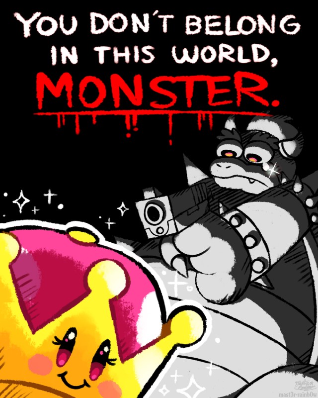 anthro bodily_fluids collar crown dialogue gun gunpoint handgun headgear holding_gun holding_object holding_ranged_weapon holding_weapon horn humor male ranged_weapon smile solo sparkles spiked_collar spikes super_crown tears text weapon mast3r-rainb0w mario_bros nintendo bowser koopa scalie 2018 4:5 english_text hi_res