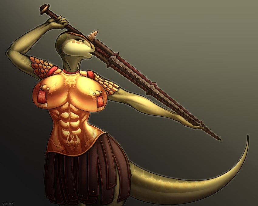 abs anthro armor big_breasts bloodskall_blade bottomwear breasts clothing cuirass curvy_figure female green_body green_scales holding_object holding_weapon hourglass_figure looking_away muscular nipple_piercing nipple_tassels nipples piercing pose scales simple_background skirt small_waist solo tail unconvincing_armor weapon womb_tattoo arrteen microsoft the_elder_scrolls tasha_the_argonian argonian scalie hi_res