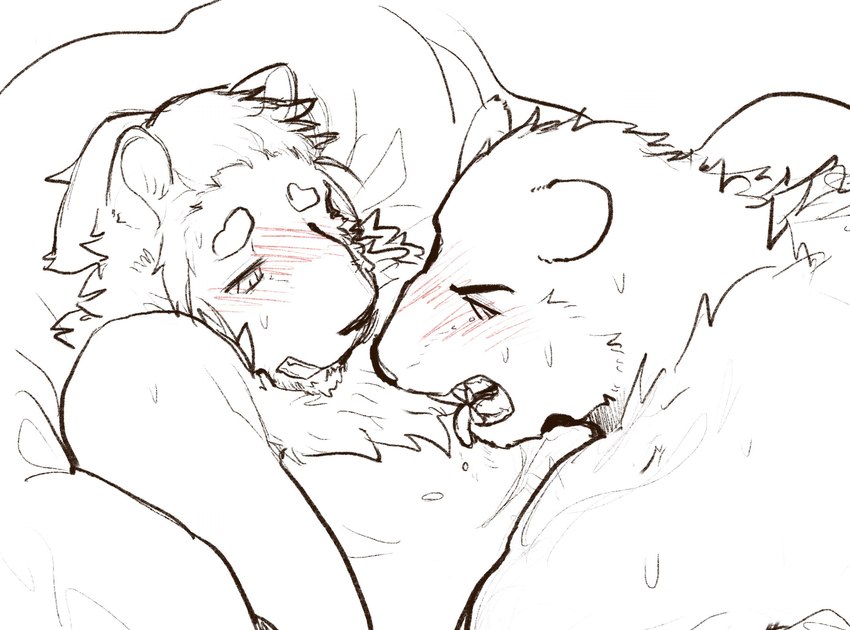 anthro bed blush bodily_fluids clothed clothing duo embarrassed fangs furniture hair half-closed_eyes looking_at_another looking_at_partner looking_pleasured lying lying_on_bed male male/male narrowed_eyes on_bed open_mouth pillow serious sweat teeth tongue tongue_out topless topless_male suinduckhu felid hybrid lion mammal pantherine hi_res