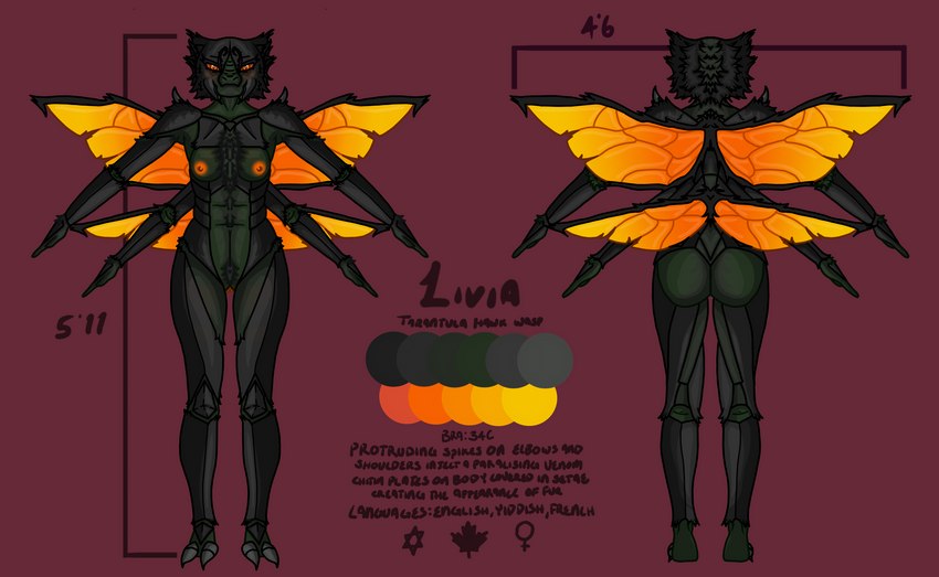 4_arms antennae_(anatomy) anthro big_butt black_body breasts butt canada chart female female_symbol fingers gender_symbol genitals green_body grey_body height_chart hexagram insect_wings looking_at_viewer maple_leaf measurements multi_arm multi_limb nipples non-mammal_breasts non-mammal_nipples nude orange_eyes orange_nipples orange_pussy orange_wings palette pussy red_sclera simple_background solo spikes spikes_(anatomy) standing stinger symbol text thick_thighs wide_hips wings conditional_dnp livalittle fallout microsoft livia_(livalittle) arthropod cazador_(fallout) hymenopteran insect spider_wasp tarantula_hawk_wasp wasp absurd_res digital_media_(artwork) english_text hi_res model_sheet