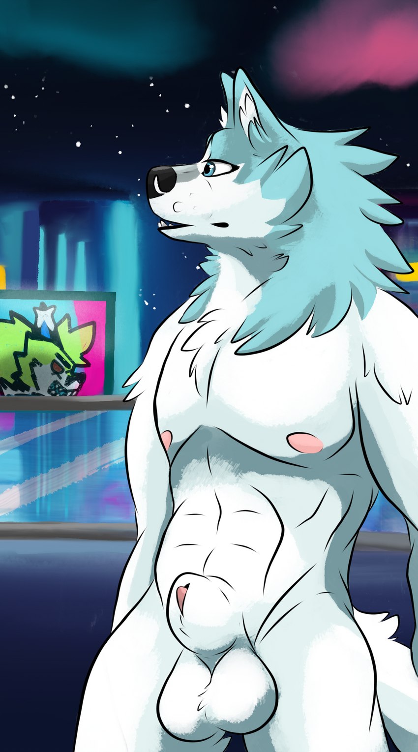 animal_genitalia anime_style anthro balls billboard blue_body blue_eyes blue_fur city cityscape fluffy fur genitals glass green_body inner_ear_fluff knot looking_away male muscular neck_tuft neon_lights penis penis_tip red_eyes rib_cage sheath slim solo tail terrace thick_thighs tuft white_body kitchidrachenblut brand_new_animal studio_trigger shirou_ogami canid canine canis mammal wolf hi_res