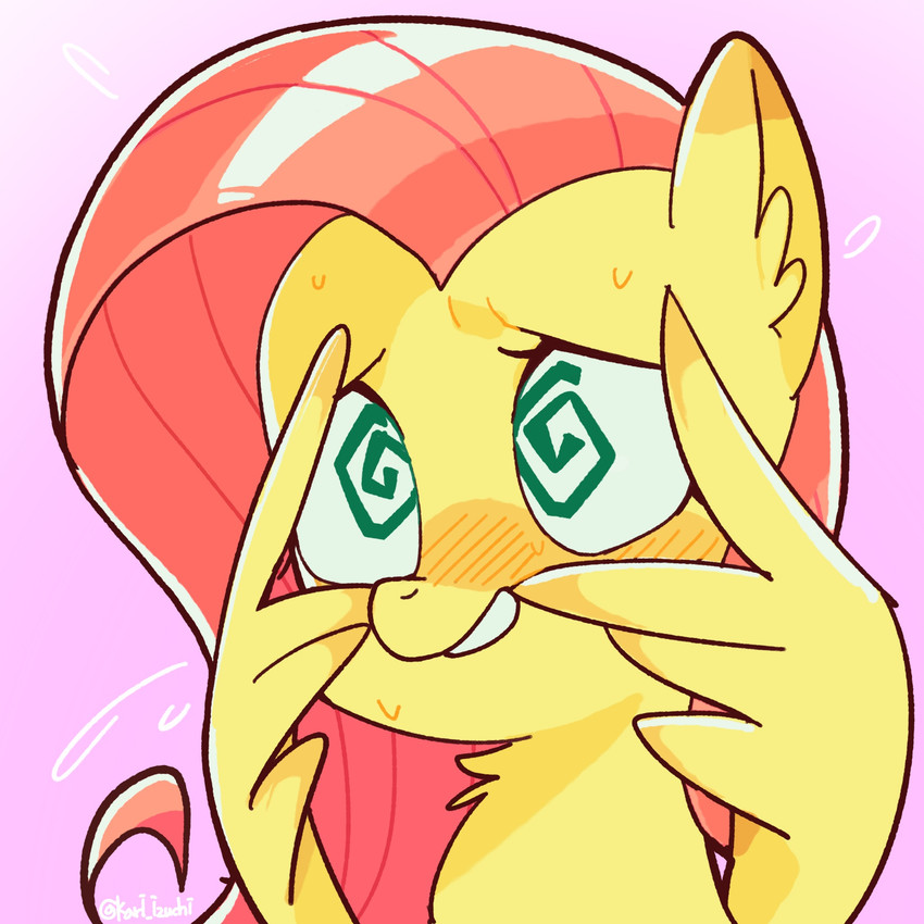 blush blush_lines bodily_fluids covering covering_face eyelashes female feral flustered flying_sweatdrops fur green_eyes hair inner_ear_fluff mane pink_background pink_hair pink_mane simple_background smile solo spiral spiral_eyes sweat sweatdrop tuft wings yellow_body yellow_fur yellow_inner_ear_fluff kari_izuchi friendship_is_magic hasbro my_little_pony mythology fluttershy_(mlp) equid equine mammal mythological_creature mythological_equine pegasus 1:1 2025 headshot_portrait hi_res icon portrait