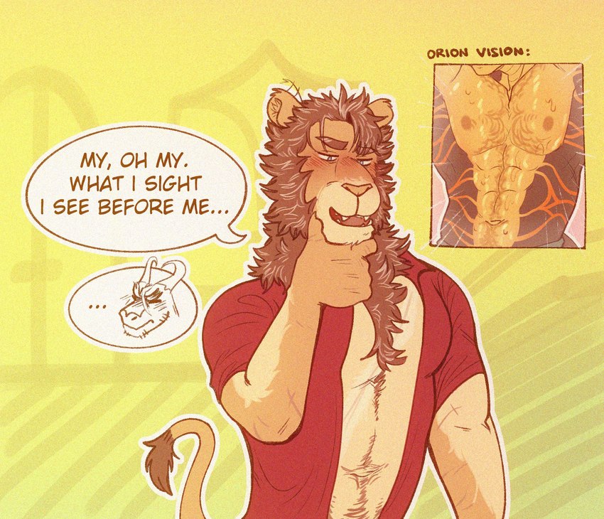 abs admiring anthro athletic athletic_anthro athletic_male belly_hair blush blush_lines body_hair brown_body brown_fur brown_mane brown_scales chest_hair chest_tuft clothing dialogue ellipsis first_person_view fur hand_on_chin male mane navel nipples red_clothing red_shirt red_topwear scales shirt simple_background solo speech_bubble tail tail_tuft tan_body tan_fur tan_scales text topwear tuft yellow_background xeoniios mythology orion_(xeoniios) ryzz_(xeoniios) dragon felid lion mammal mythological_creature mythological_scalie pantherine scalie wingless_dragon 2021 digital_media_(artwork) english_text hi_res