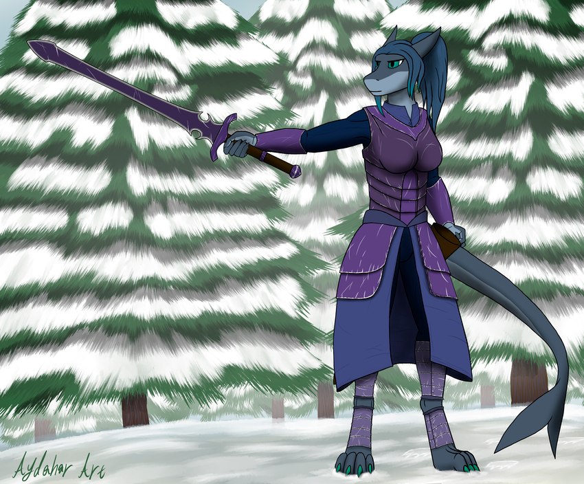 anthro armor armored_body blue_body blue_eyes blue_hair blue_scales blue_skin bottomwear claws clothing female forest hair melee_weapon plant scales shark_tail skirt snow solo spruce sword tree warrior weapon aydaharart fish marine shark absurd_res hi_res