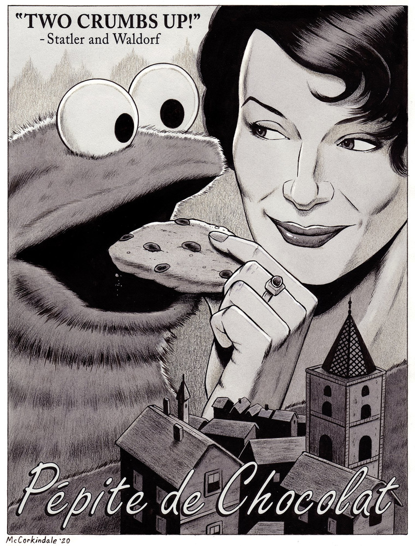 black_hair border building candy chocolate chocolate_chip_cookie chocolate_chips city cookie crumbs dessert duo female food hair house male male/female movie_poster poster poster_template ring text title white_border bruce_mccorkindale at_the_movies chocolat_(movie) muppets pbs sesame_street cookie_monster juliette_binoche human humanoid mammal monster muppet 2020 black_and_white english_text french_text greyscale hi_res monochrome signature translated