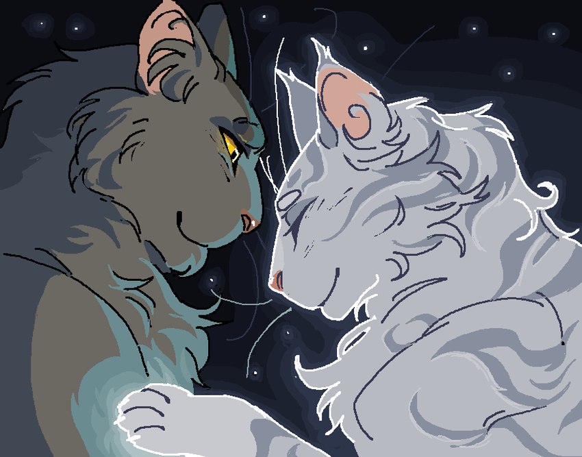 ambiguous/ambiguous ambiguous_gender binary_drawing canon_couple claws duo ear_tuft eyebrows eyelashes eyes_closed feral fur glowing grey_body grey_fur inner_ear_fluff intraspecies markings night outside paws pink_nose sky smile star starry_sky tuft whiskers yellow_eyes poselenets warriors_(book_series) graystripe_(warriors) silverstream_(warriors) domestic_cat felid feline felis mammal starclan_cat tabby_cat 2017 aliasing digital_drawing_(artwork) digital_media_(artwork) shaded female_(lore) male_(lore)