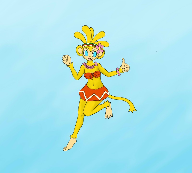 anthro barefoot bikini blue_eyes clothed clothing feet female fur simple_background smile solo swimwear two-piece_swimsuit yellow_body elmapache samba_de_amigo sega amiga haplorhine mammal monkey primate 2015 absurd_res hi_res