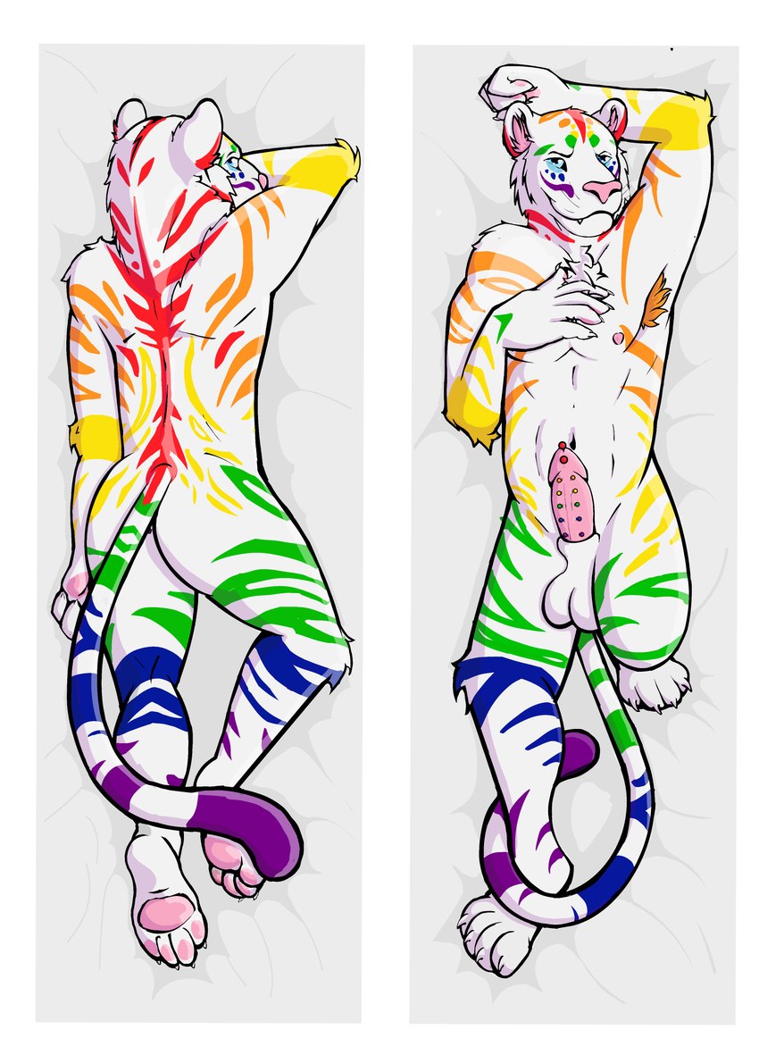 anthro armpit_hair body_hair dakimakura frenum_ladder frenum_piercing genital_piercing genitals ladder_piercing lying male on_back on_front penis penis_piercing piercing rainbow_piercings rainbow_stripes solo sparklefur stripes dante_mutt_(artist) kburi_tiger felid feline mammal pantherine tiger absurd_res dakimakura_design hi_res